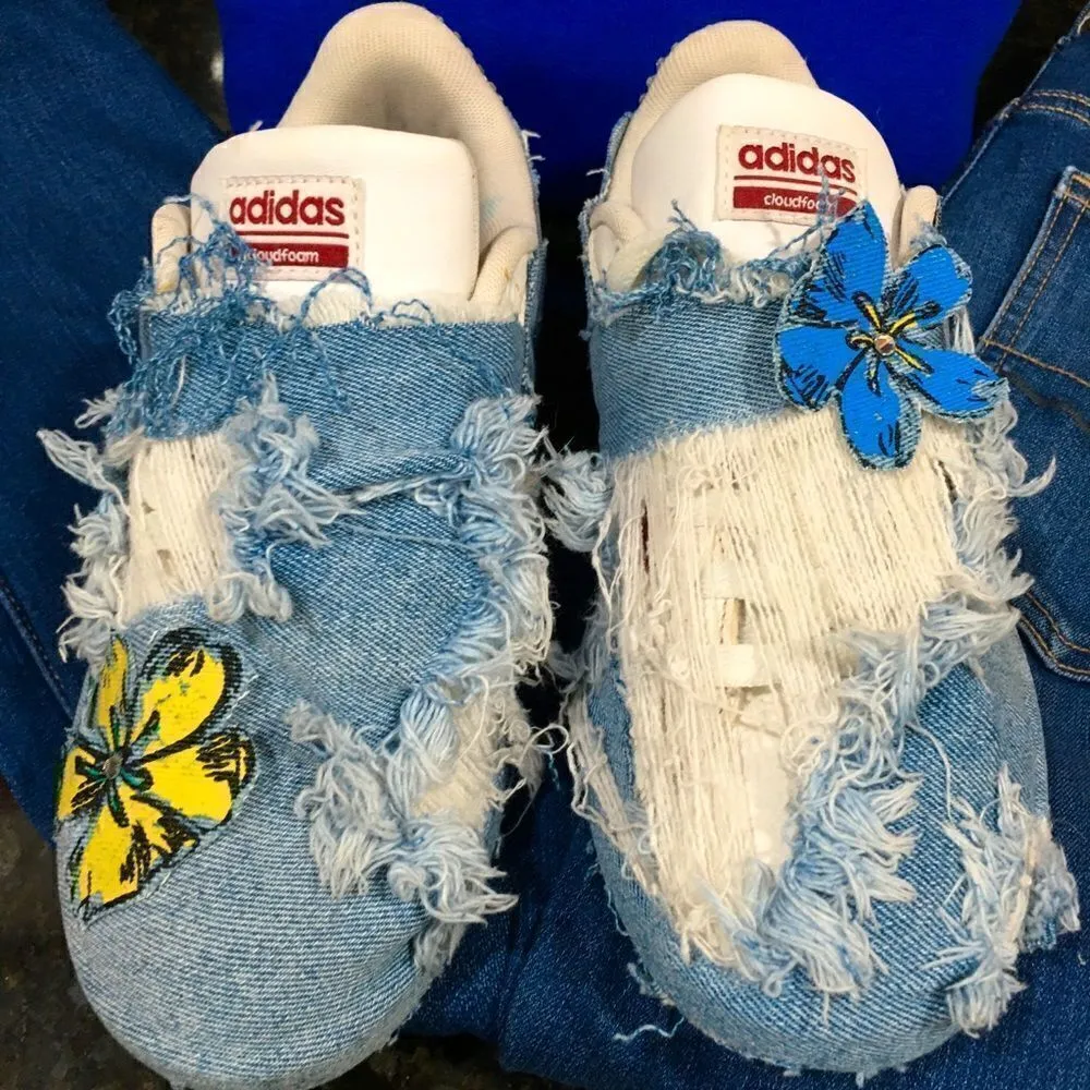 CUSTOM DISTRESSED ADIDAS! Seriously destroyed distressing, crystal bling! Blue Size 6 - Image 4