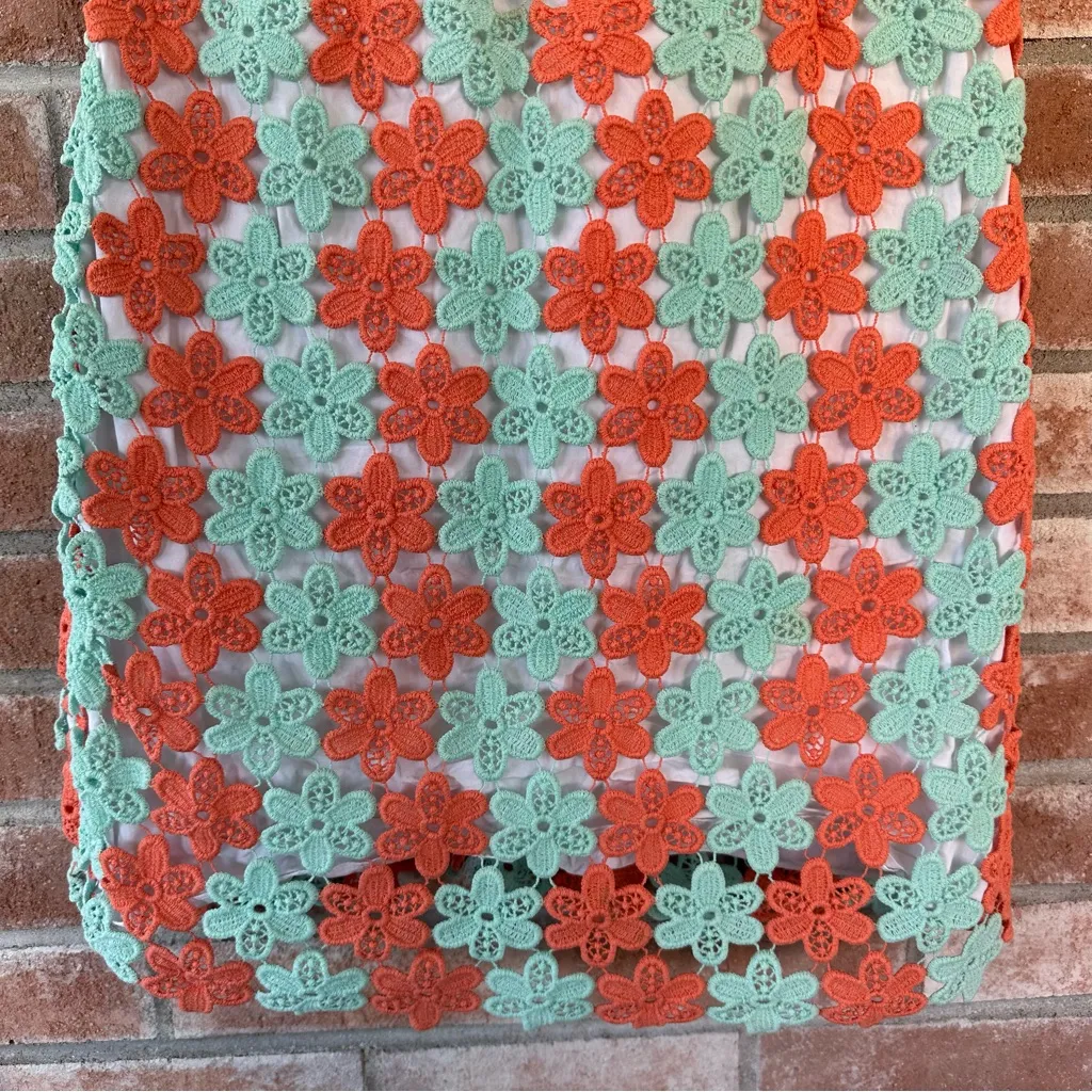 Lilly Pulitzer Crochet Overlay Flower Coral Teal Sheath Dress Women’s Size 6 - Image 3