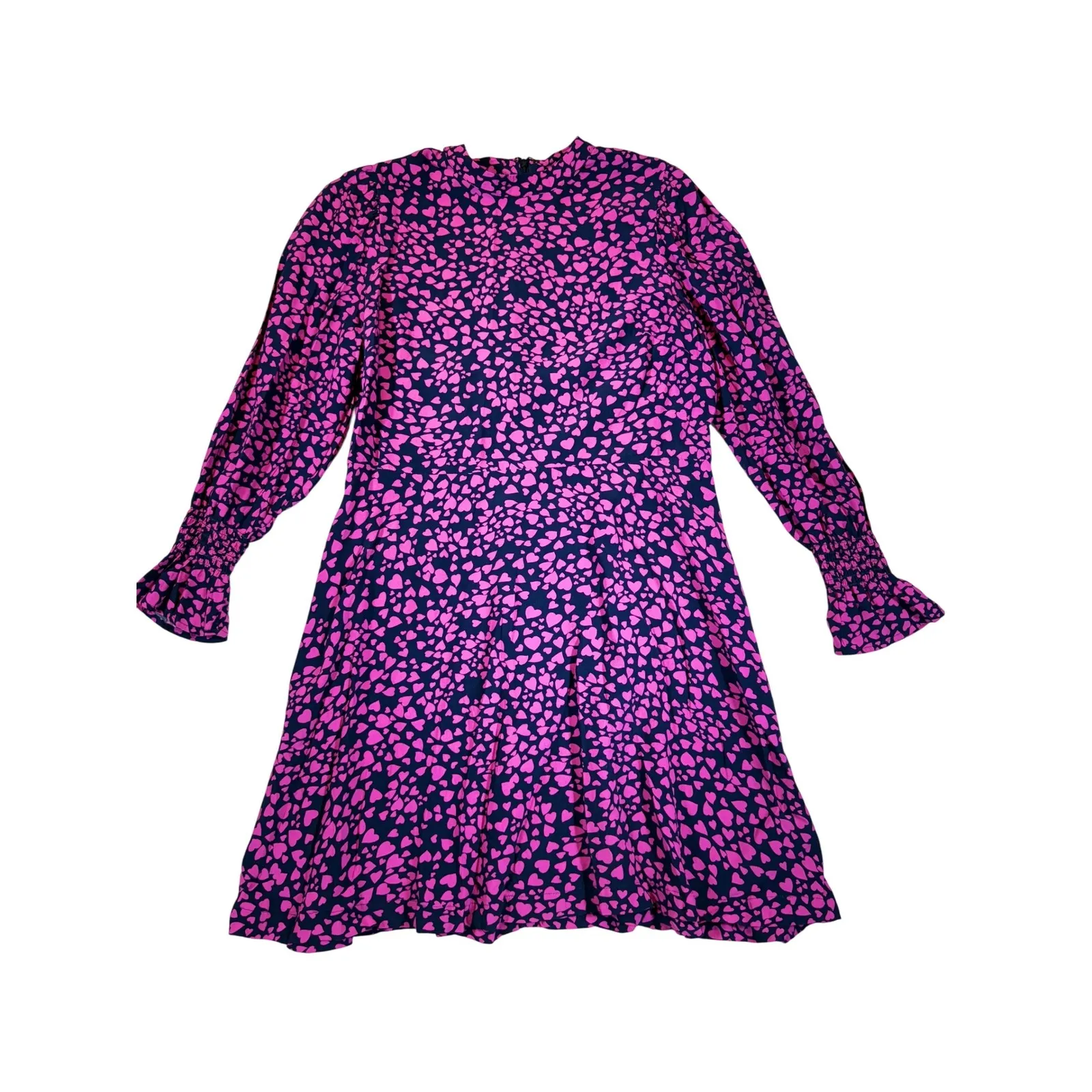 Loft Petite Pink Navy Heart Print Long Sleeve Mock Neck Fit Flare Dress Size 8P - Image 2