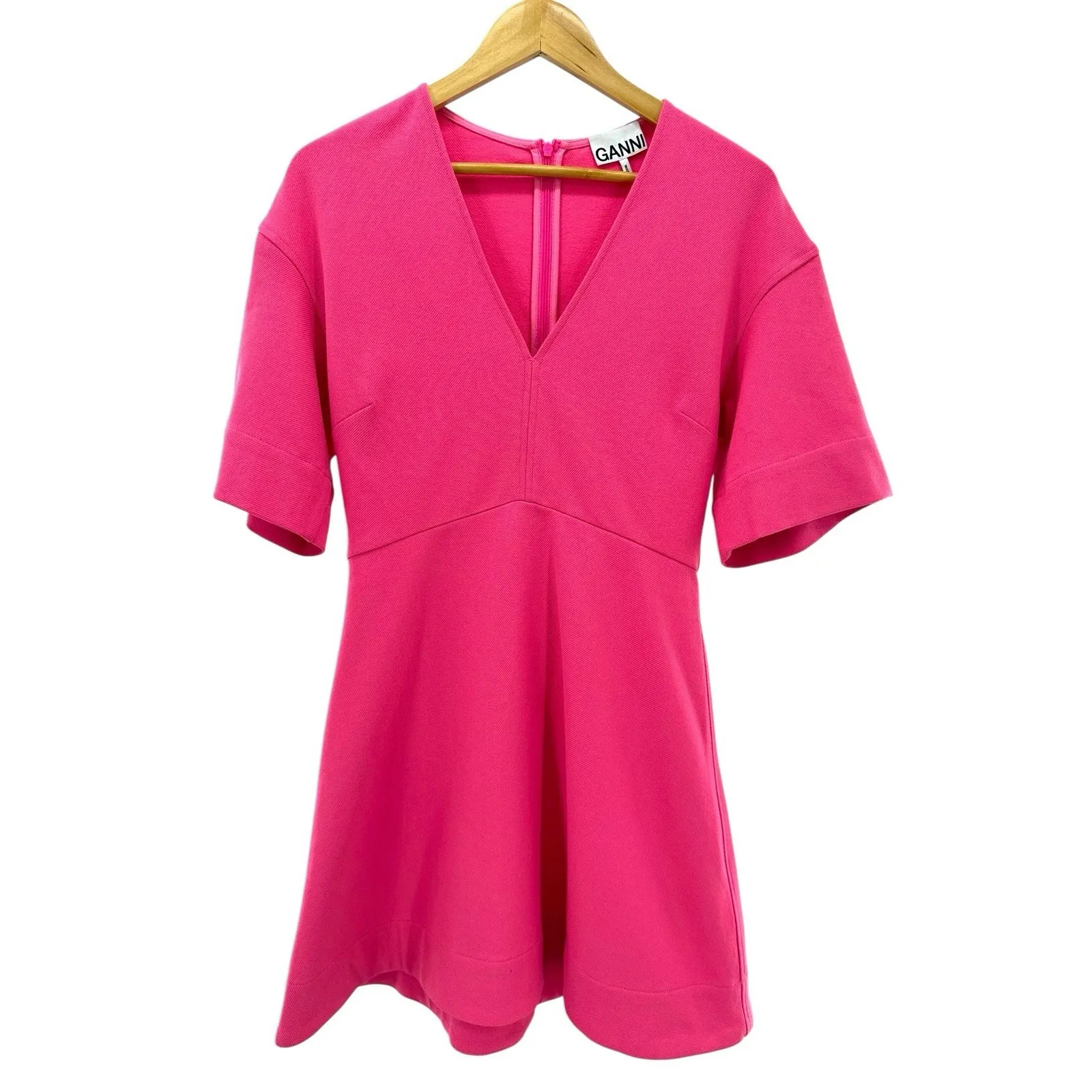 GANNI Hot Pink‎ Mini Dress V-Neck Short Sleeve A-Line Scandi Chic Size 38 US 6 - Image 2