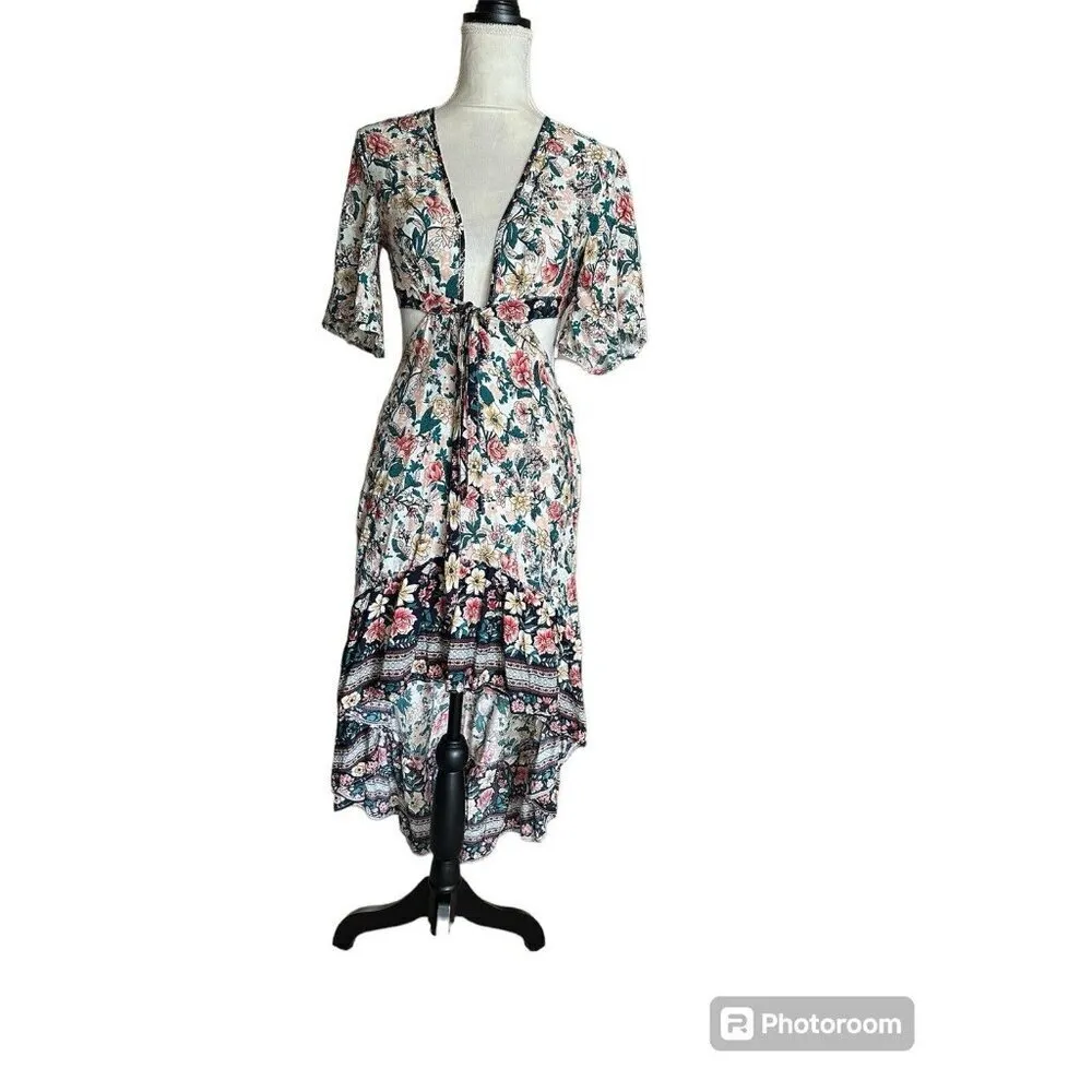 Hi-low Floral Front tie Cutout Maxi Dress Open Back Tie Front Fairy Whimsical S - Image 3