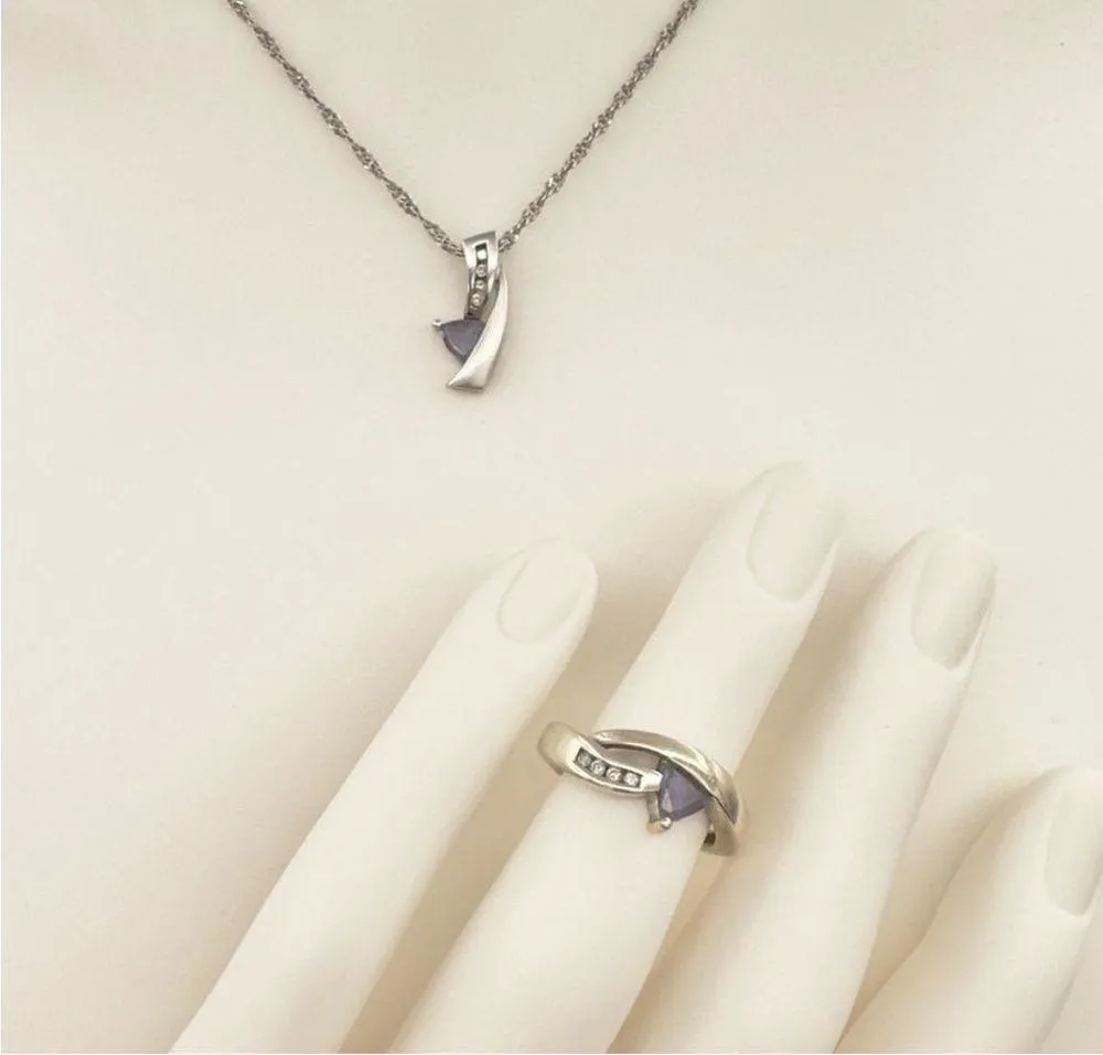 10K Two Tone White Gold Diamond & Tanzanite Ring & Pendant Set .04 ctw 3.6 - Image 2