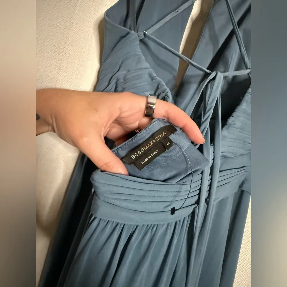 BCBGMaxAzria Blue High Neck Pleated Cross Back Maxi Dress Medium - Image 5