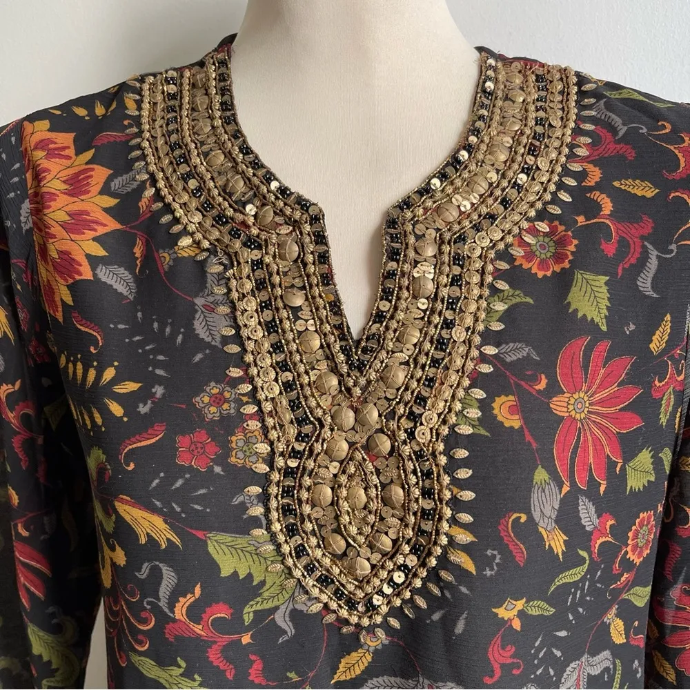 Biba Silk Chiffon Indian Kurta Sequin Floral Black Red Green Gold Size 38 Medium - Image 2