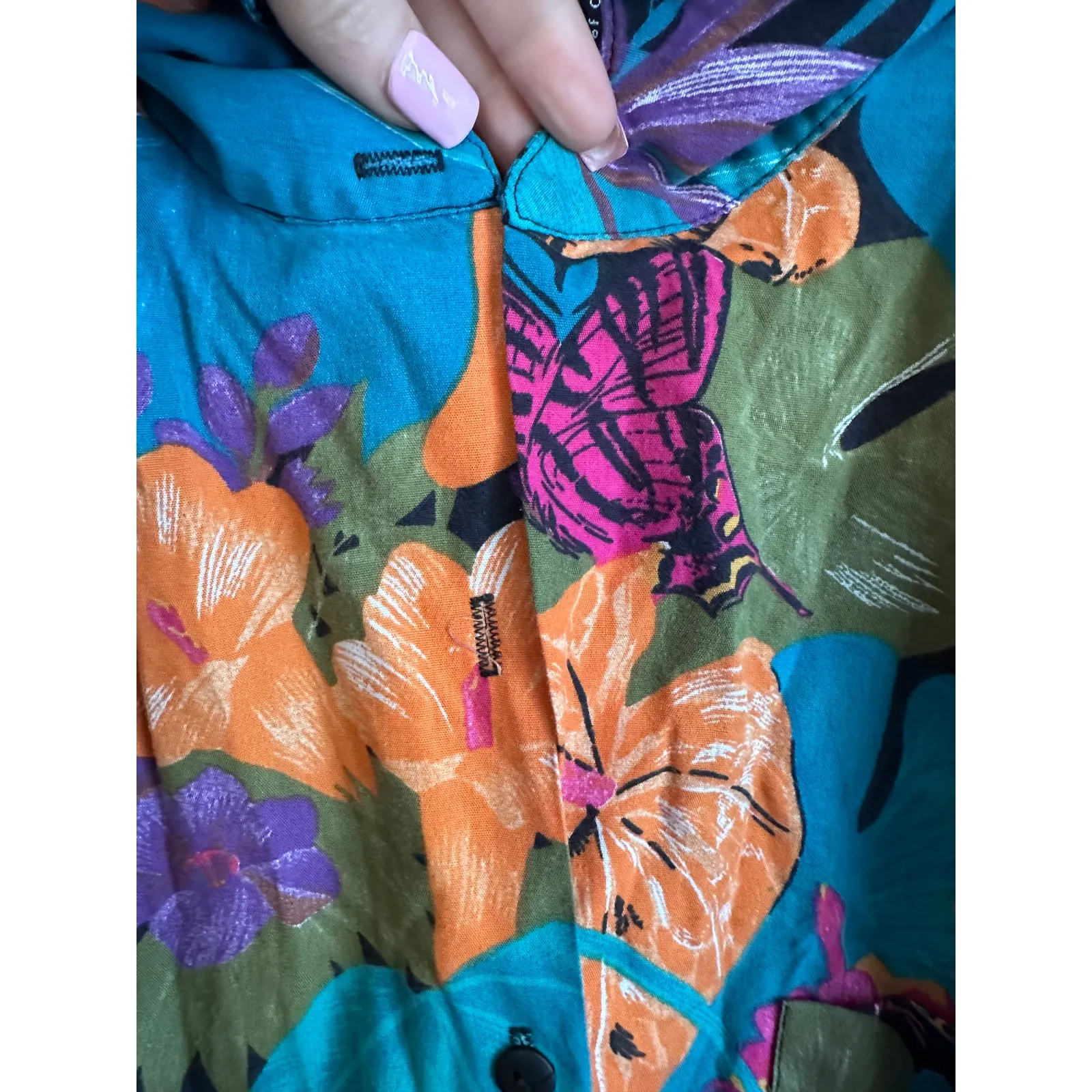 Michele Leslie of California Vintage Tropical Bird Floral Button Down Shirt Blue Size L - Image 3