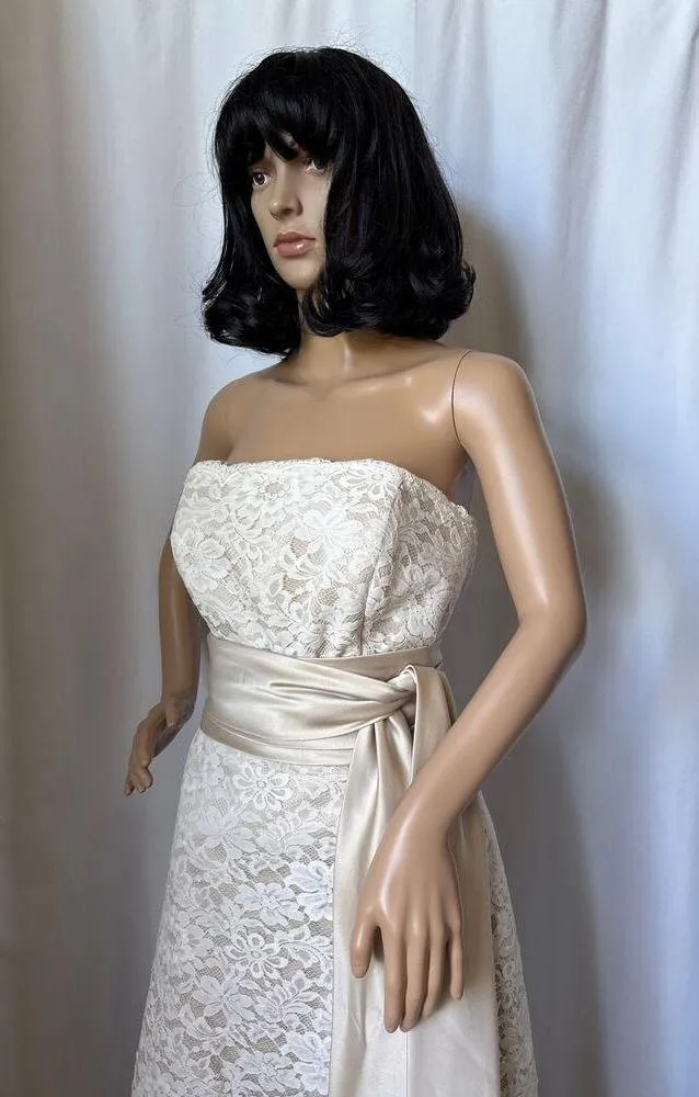 Dessy formal lace strapless bridesmaid dress long sash bow ivory 12 White - Image 3