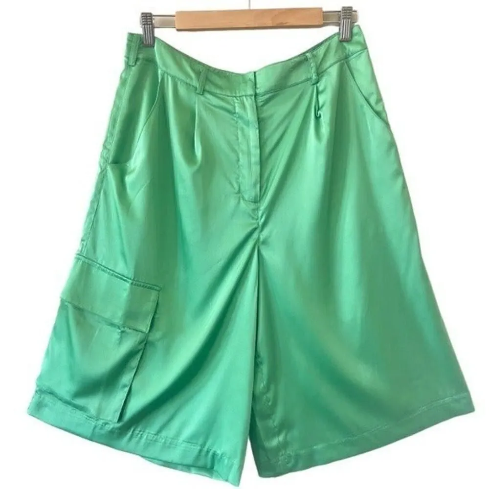ANTHROPOLOGIE Hutch Pleated Utility Shorts Hi Rise Satin Green Size M NEW - Image 6