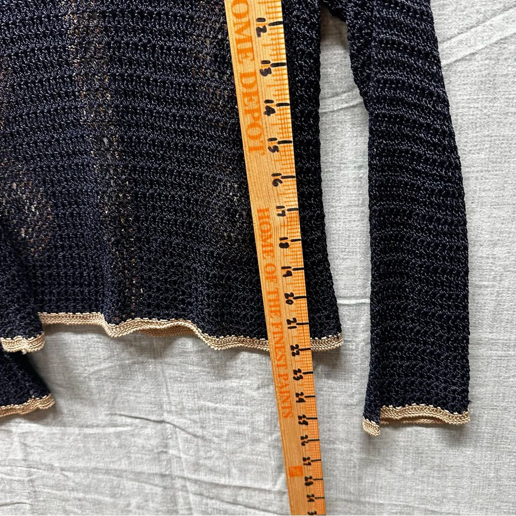 NETWORK Vintage Hand Made Crochet 100% Viscose Navy Blue Tan Cardigan S/M Black Size undefined - Image 10