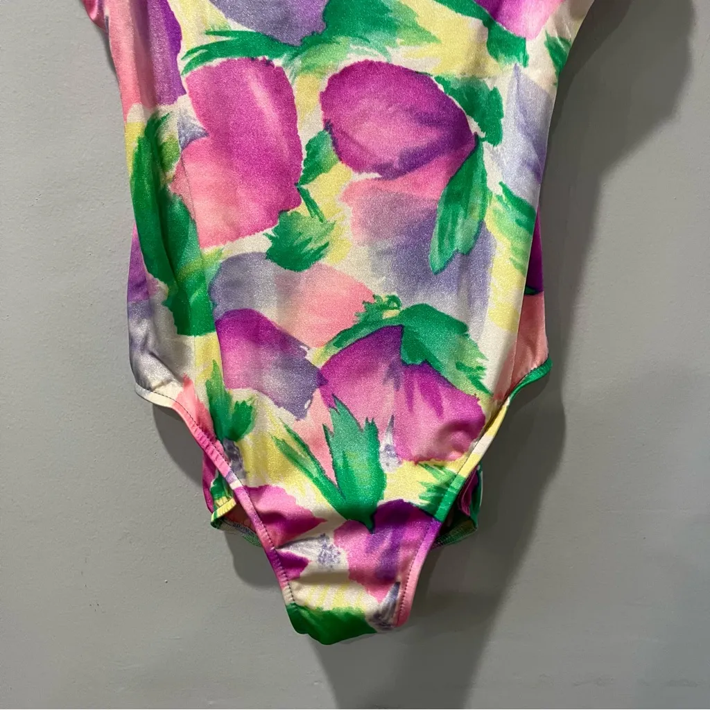 Vintage 80s 90s Lands' End One Piece Swimsuit Womens 16 Tropical Print w/bra - Image 3