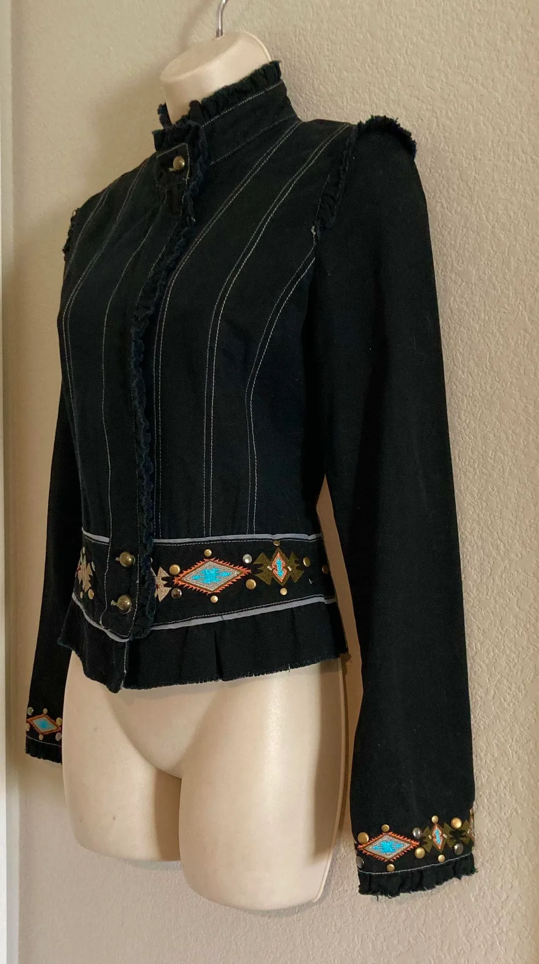 NWOT  boho black zip up jacket with tribal embroidered bottom and sleeves . Sz S - Image 2