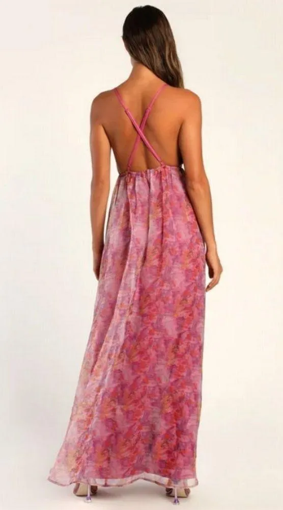 💕LULUS💕 Bloom Wildly Magenta Floral Organza Maxi Dress ~ Floral Print M NWT - Image 5