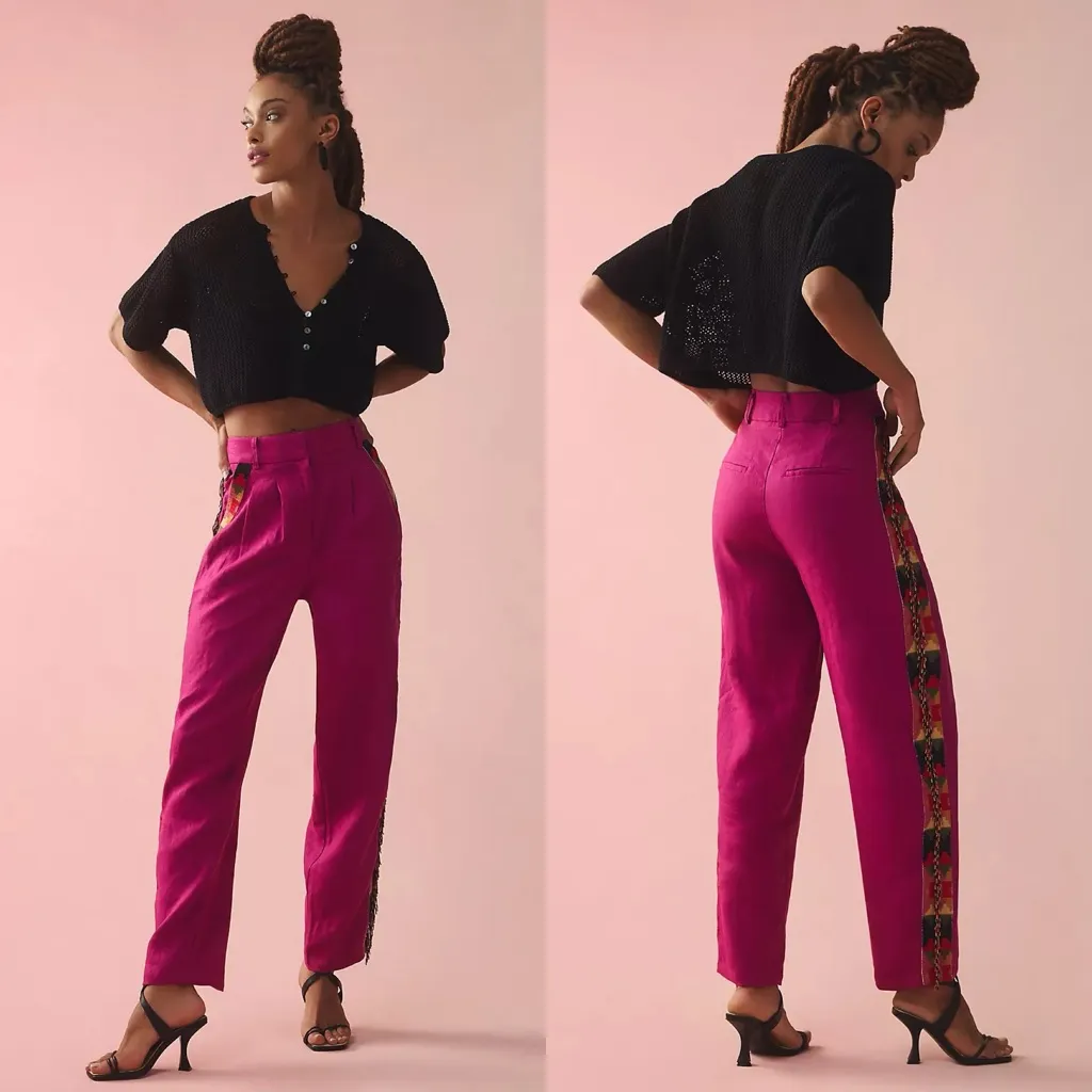 Farm Rio Anthropologie Pink Carrot Pants Beaded Linen m Womens Size S - Image 2