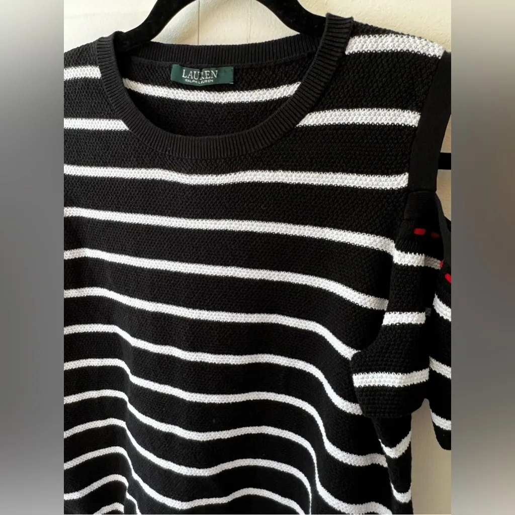 Lauren Ralph Lauren Rare Black & White Striped Cold Shoulder Sweater Size Medium - Image 4