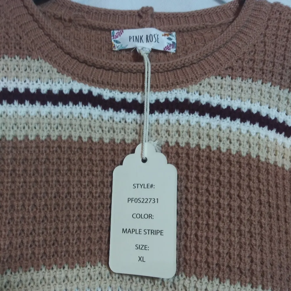 Pink Rose Knit Maple Striped Brown Textured Sweater Neutral Size XL - Image 5