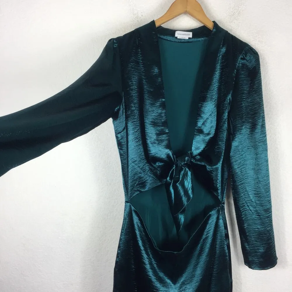 Lovers + Friends Kendall Green Satin Jumpsuit Medium Tie Front Long Sleeve - Image 11