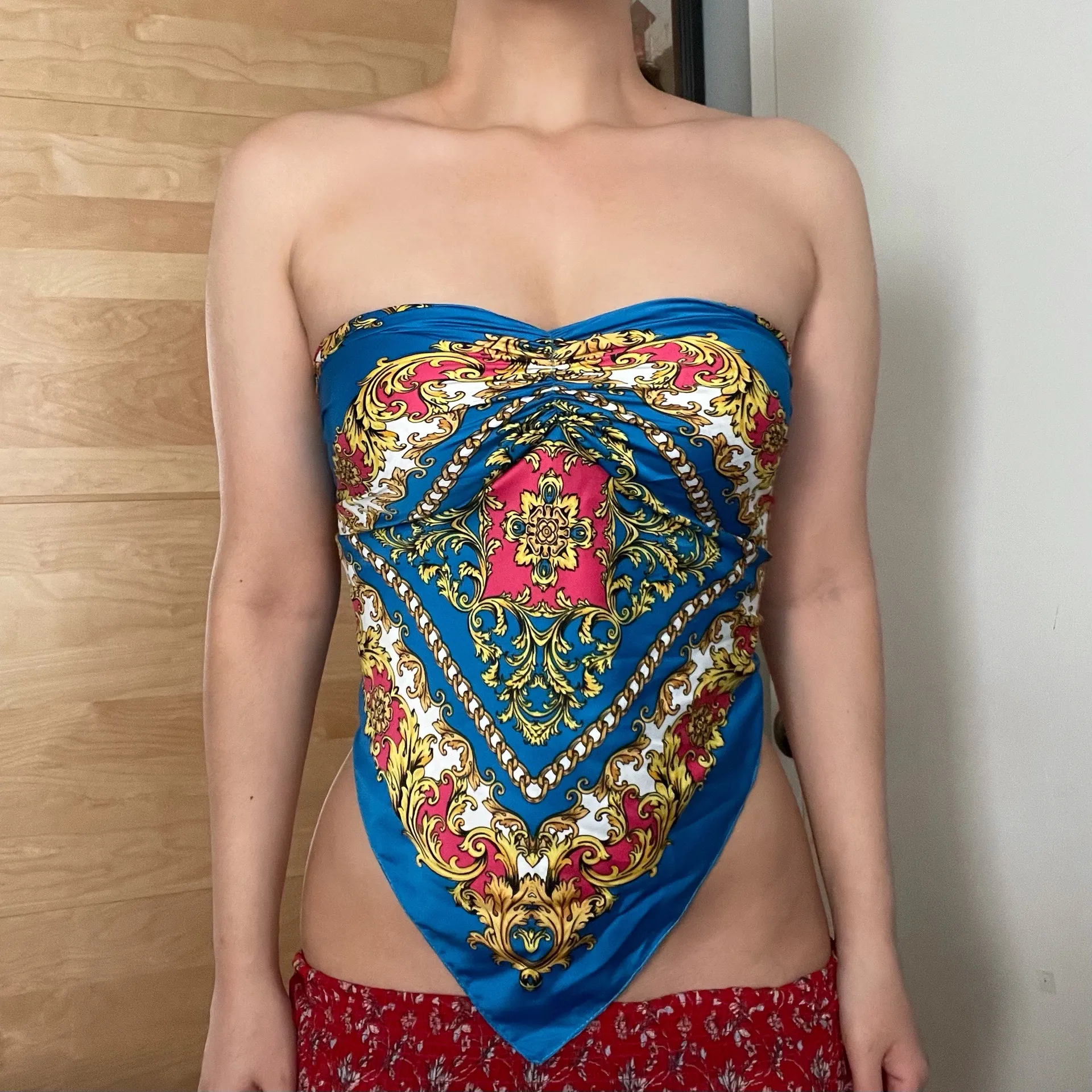 Satin handkerchief scarf print Strapless Backless Tie top - Image 8