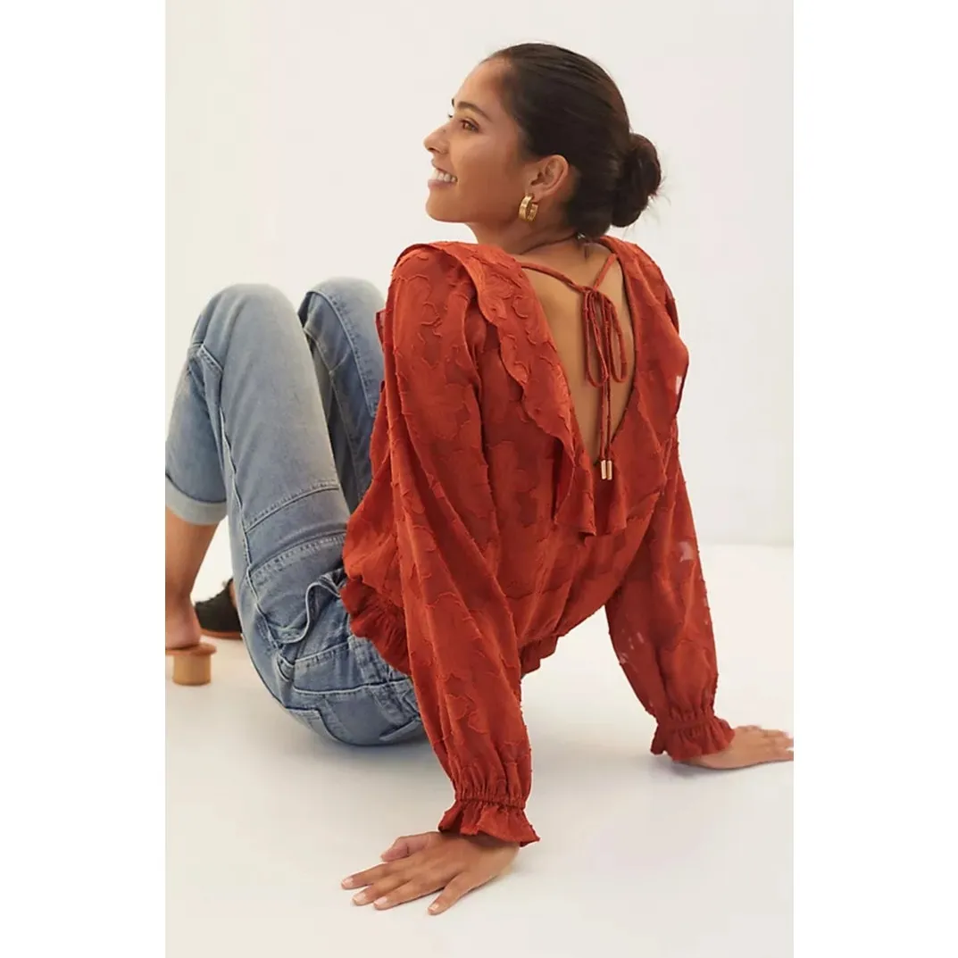 Anthropologie Textured Long Sleeve Floral Blouse in Crimson Rust Orange Sz L - Image 12