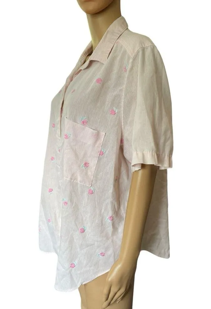 Alfred Dunner Vintage 80s Pink White Striped Cottagecore Embroidered Floral Top - Image 4