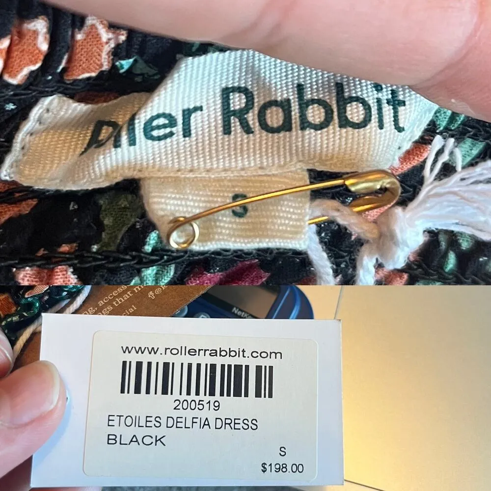 ROLLER RABBIT Maxi Dress Etoiles Delfia Black Starry Print Shift Long Sleeves S - Image 6
