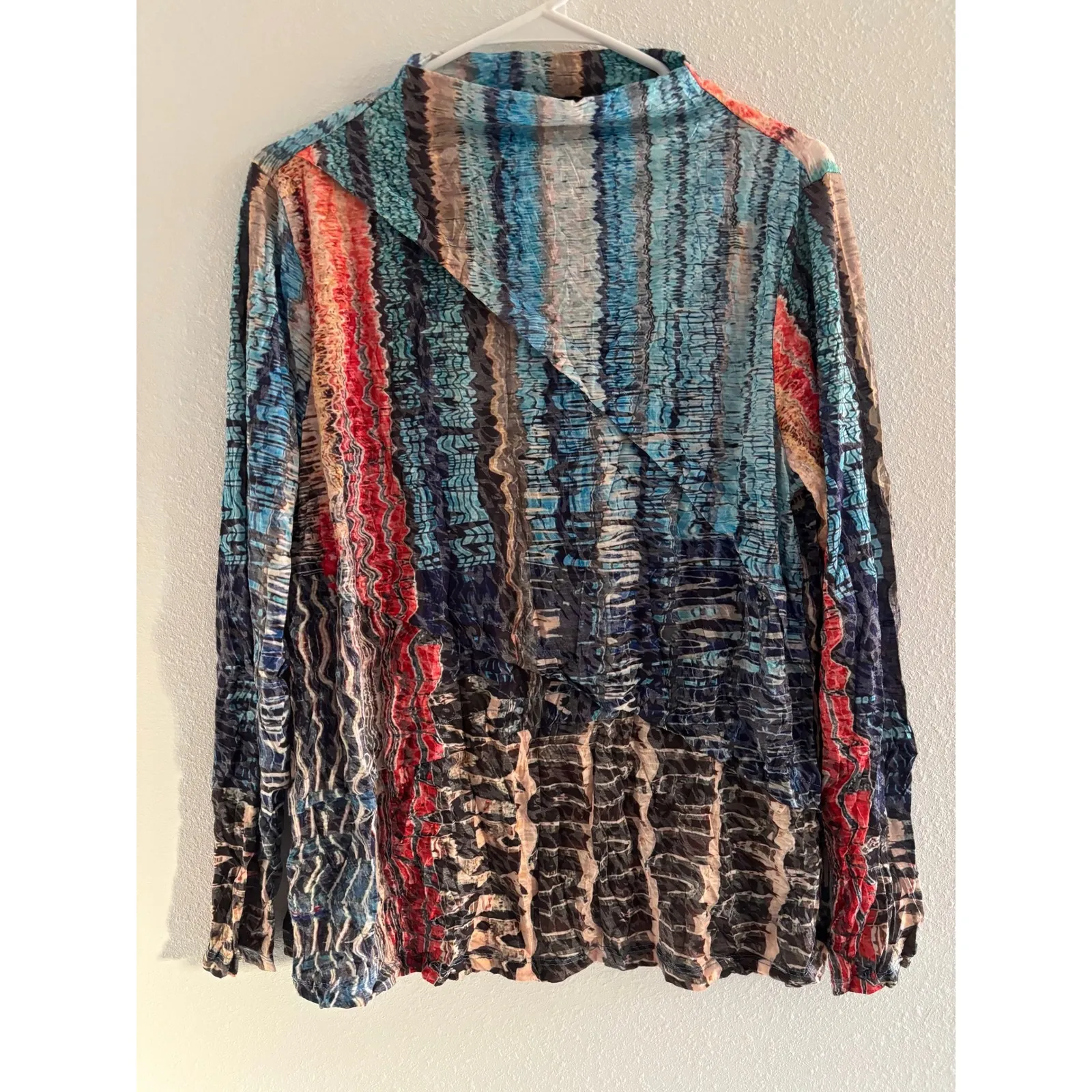 Carine Top Womens M Blue Long Sleeve Mock Neck Asymmetrical Packable Burnout Art Red Size M - Image 2