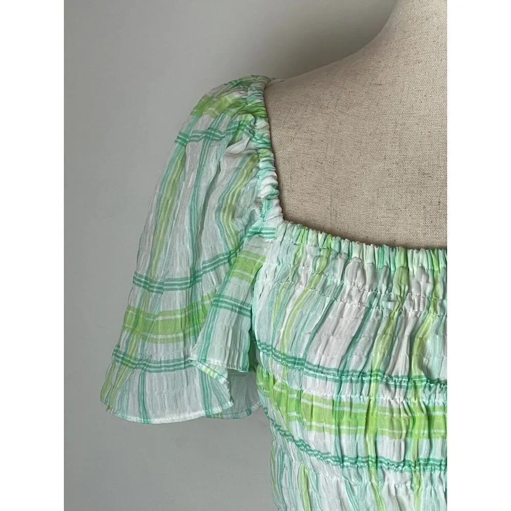 Zara Green‎ And White Plaid Square Neck Puff Sleeve Smocked Cropped Top Size XS - Image 6