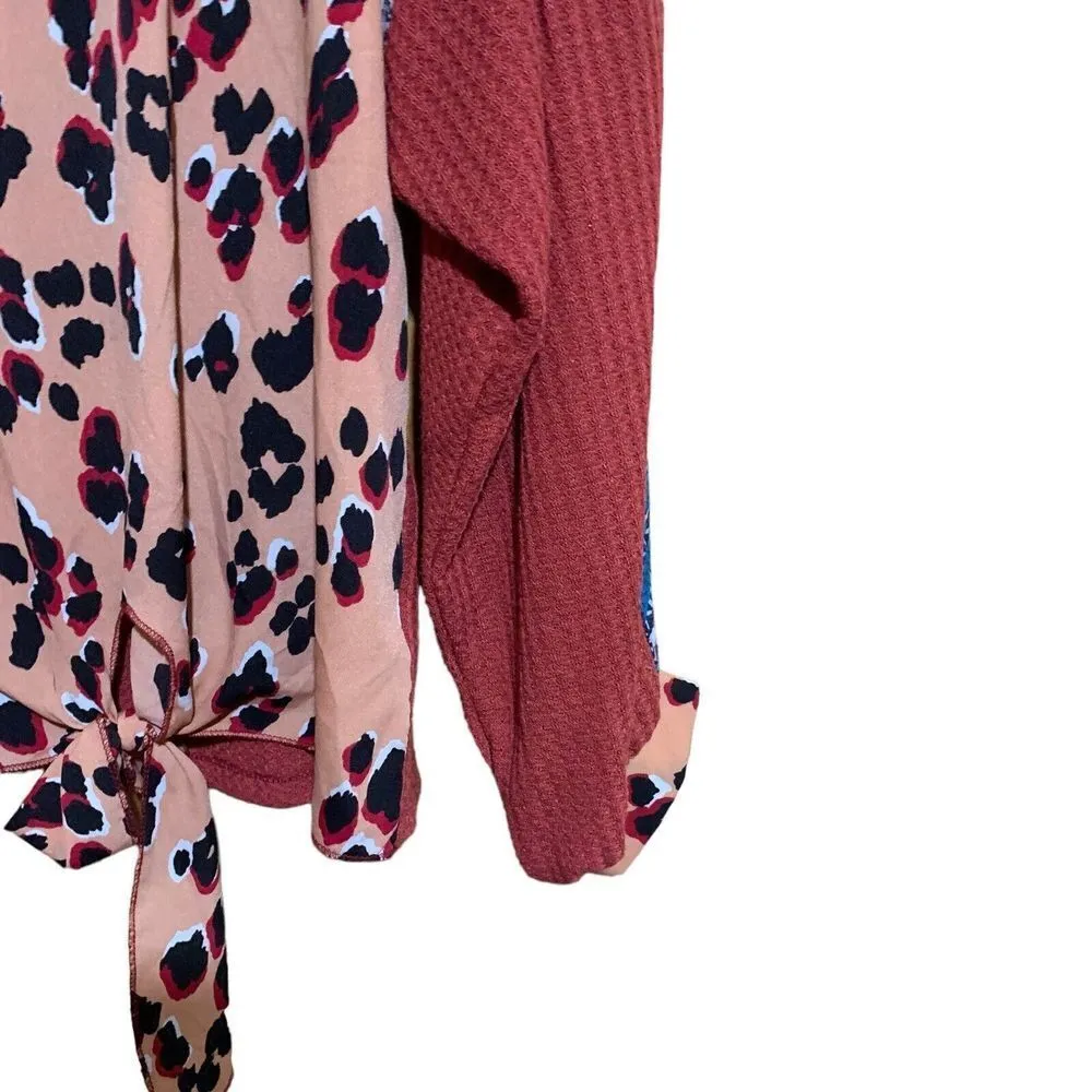 UMGEE Size Small Safari Waffle Knit Stripe Bohemian Knot Tie Front Blouse Top - Image 4