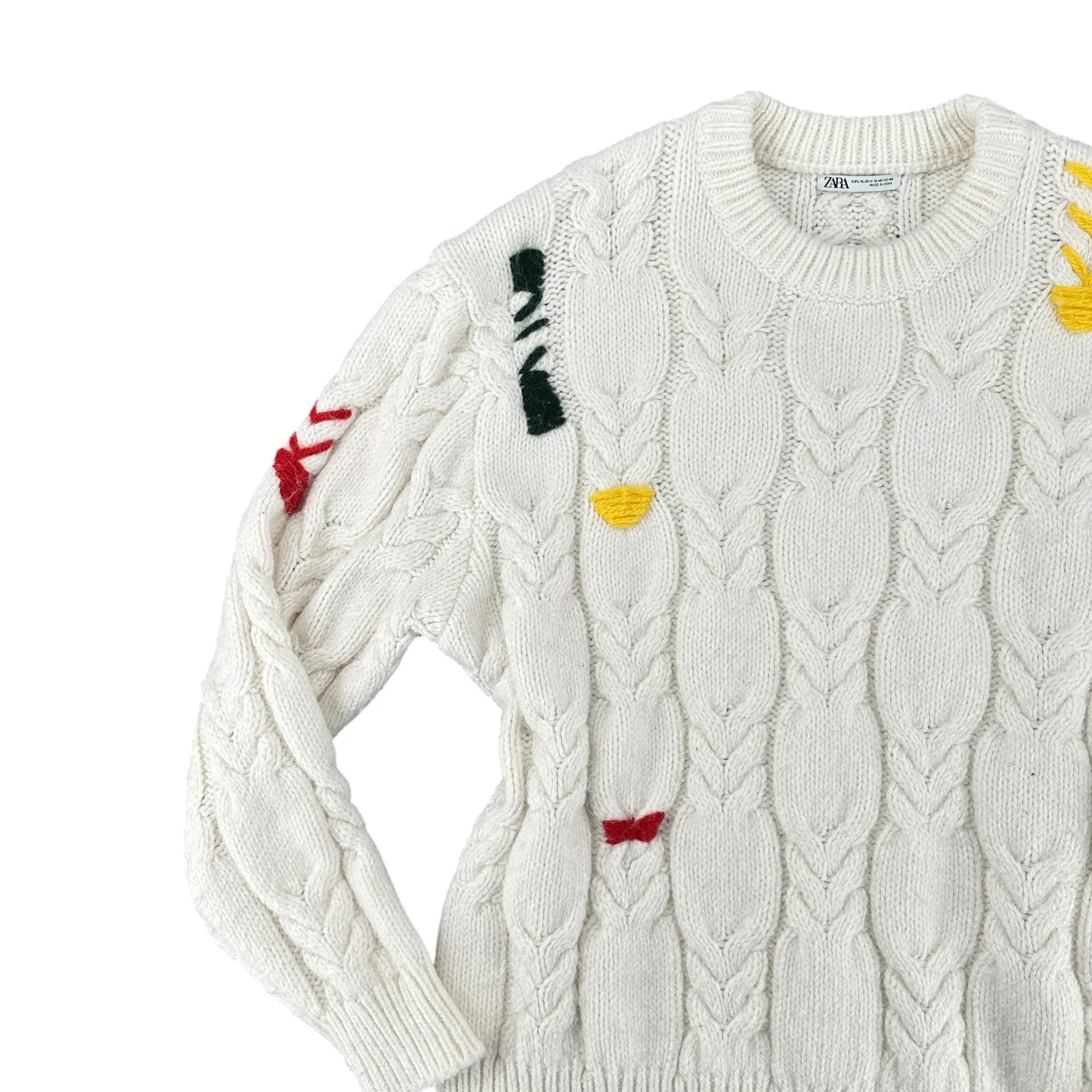 Zara White Chunky Knit Sweater Long With Bright Colored Pops of Color Large - Image 3