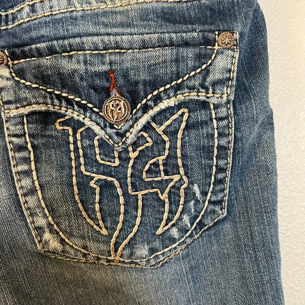 1921 Western Glove Carly Distressed Straight Jeans Raw Hem Size 24/34 Blue - Image 4