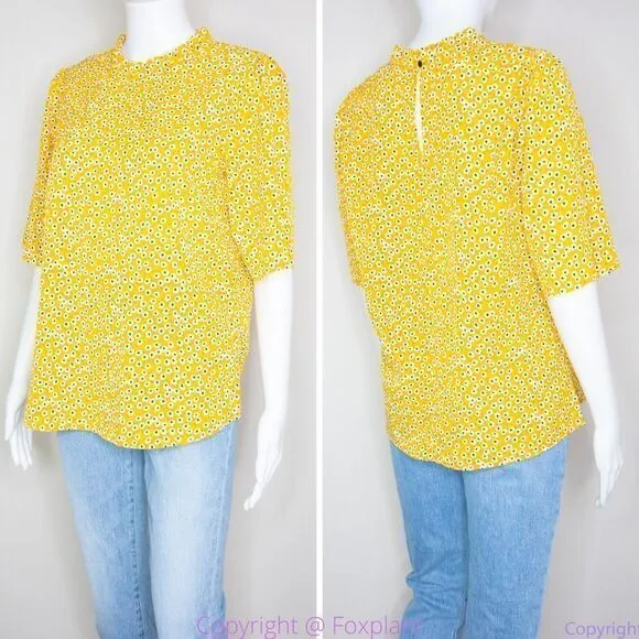 Carolina Belle yellow floral‎ print blouse ruffle crewneck, size M - Image 15