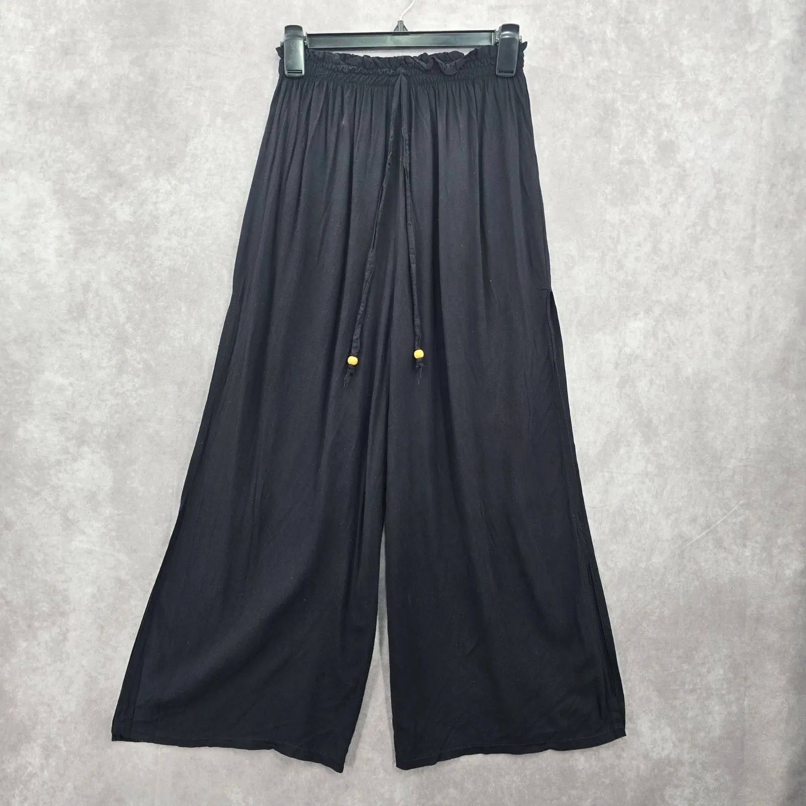 Black Wide Split Flowy Straight Beach Vacation Lounge 90s Pullon Boho Pants XS - Image 7