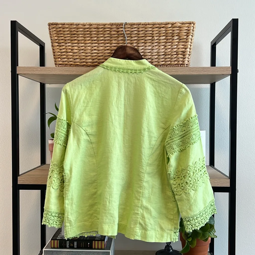 Chico's 100% Linen Light Spring/Summer Open Front Lace Trim Blazer/ Jacket, Sm 4 - Image 4