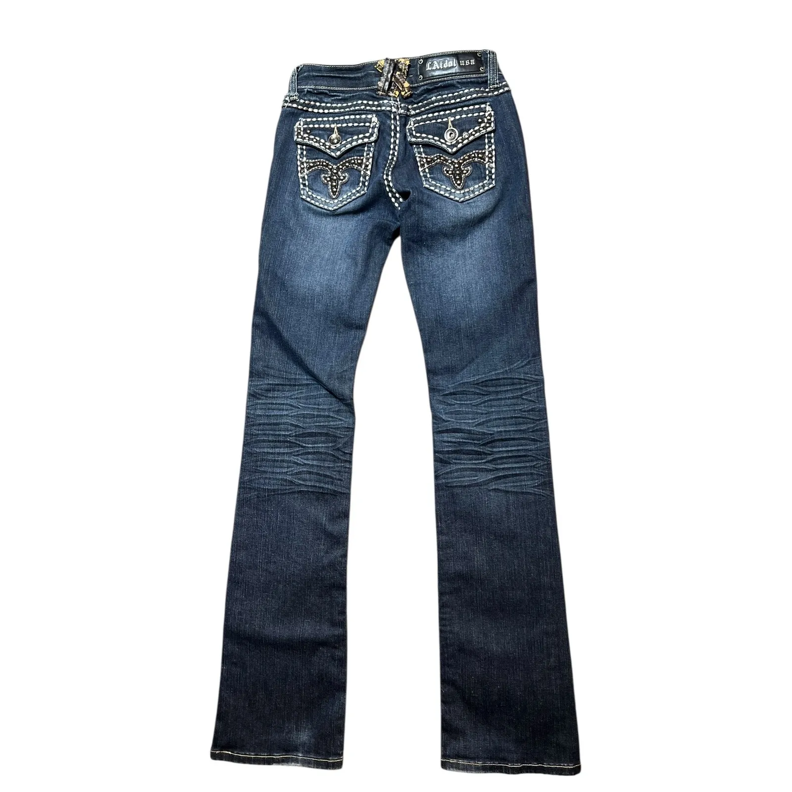 LA Idol Jeans Womens Size 1 TALL Dark Wash Bling Low Rise Bootcut Denim Y2K Stud Blue - Image 2