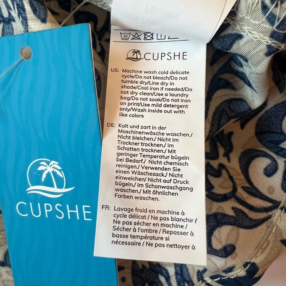 Cupshe Asymmetrical One Shoulder Pleated Blue Damask and Cream Mini Dress Large - Image 10