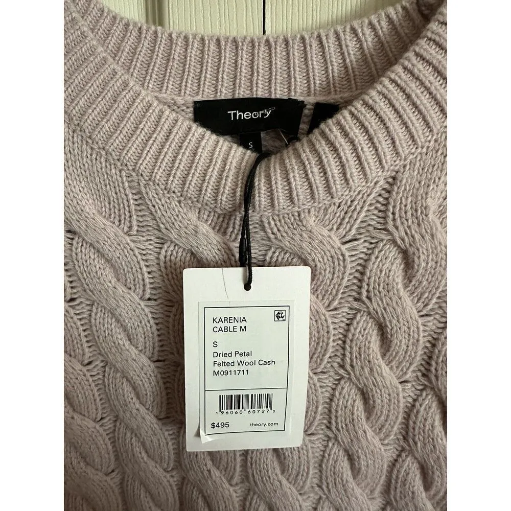 $495 Theory Women Pink Karenia Crew-Neck Cable Knit Pullover Wool Sweater Size S - Image 4