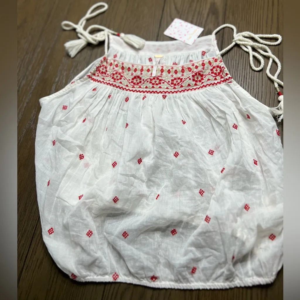 FREE PEOPLE Eternal Love Embroidered Top in White & Red Large - Image 2