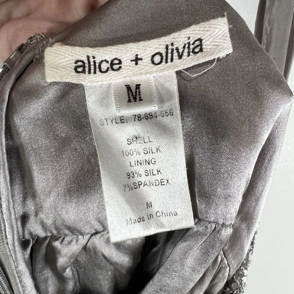 Alice + Olivia Silk Dress Babydoll Sequin‎ Bust  Gray Silver Fairy Glam Sz M - Image 5