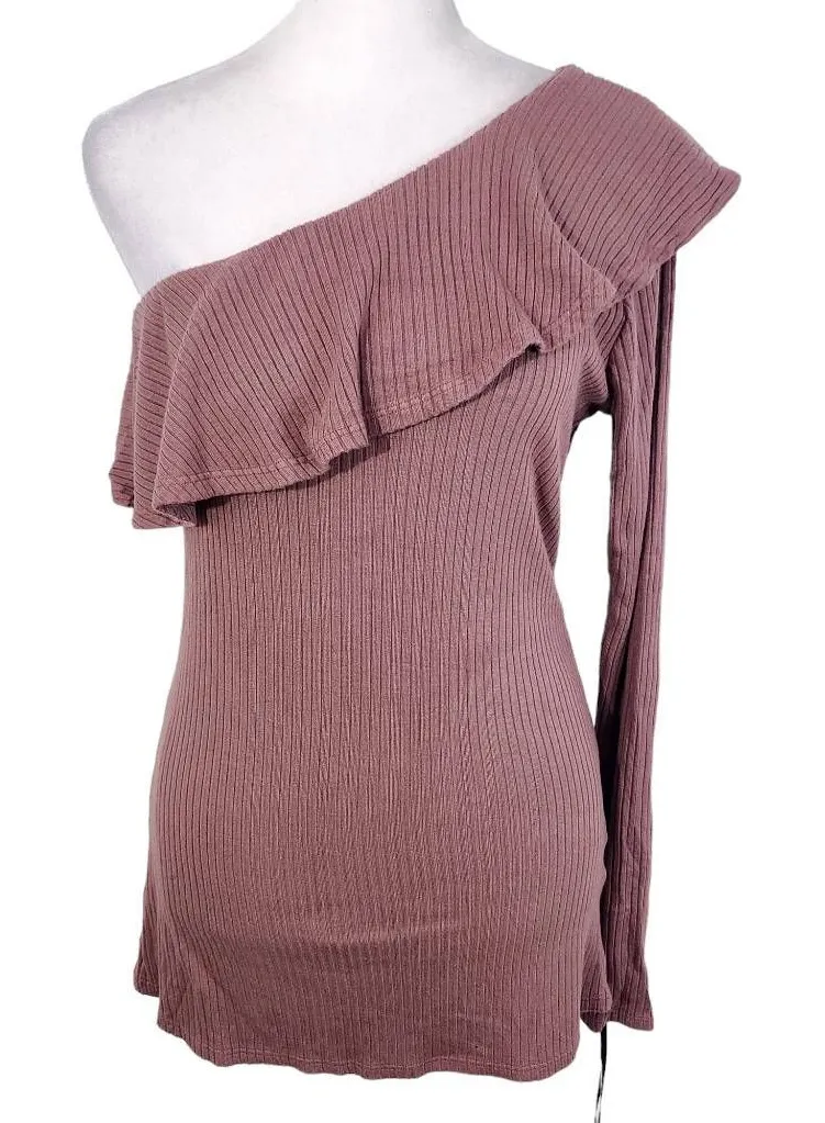 Michael Lauren Mauve Ribbed Knit One Shoulder Top Ruffle Accent NWT Size Large - Image 1