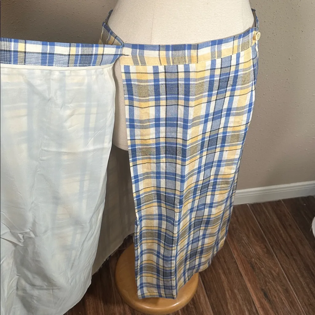 VTG Talbots Tartan Plaid Yellow Blue Fringe True Wrap Maxi Skirt Women's Size 16 - Image 6