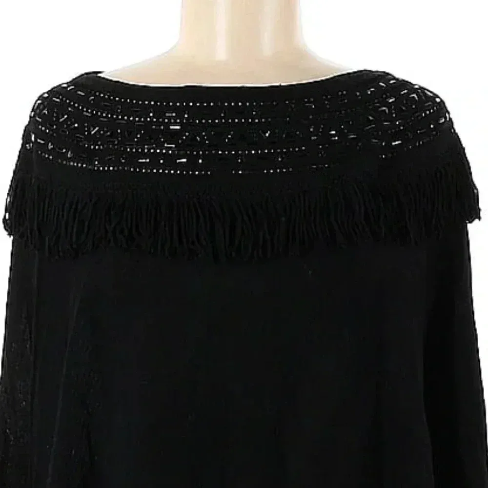 White House Black Market Fringe Black Wool Cape Sweater Embellished Size XS - Image 2