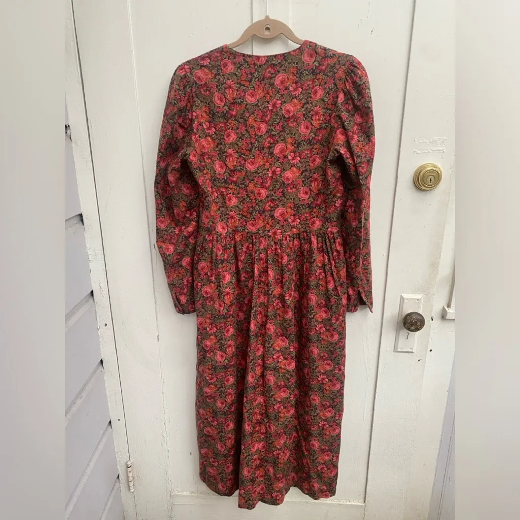 Vintage Laura Ashley Floral Dress Sz 8 Brown Pink Sleeve Basque Waist Wool Blend - Image 11