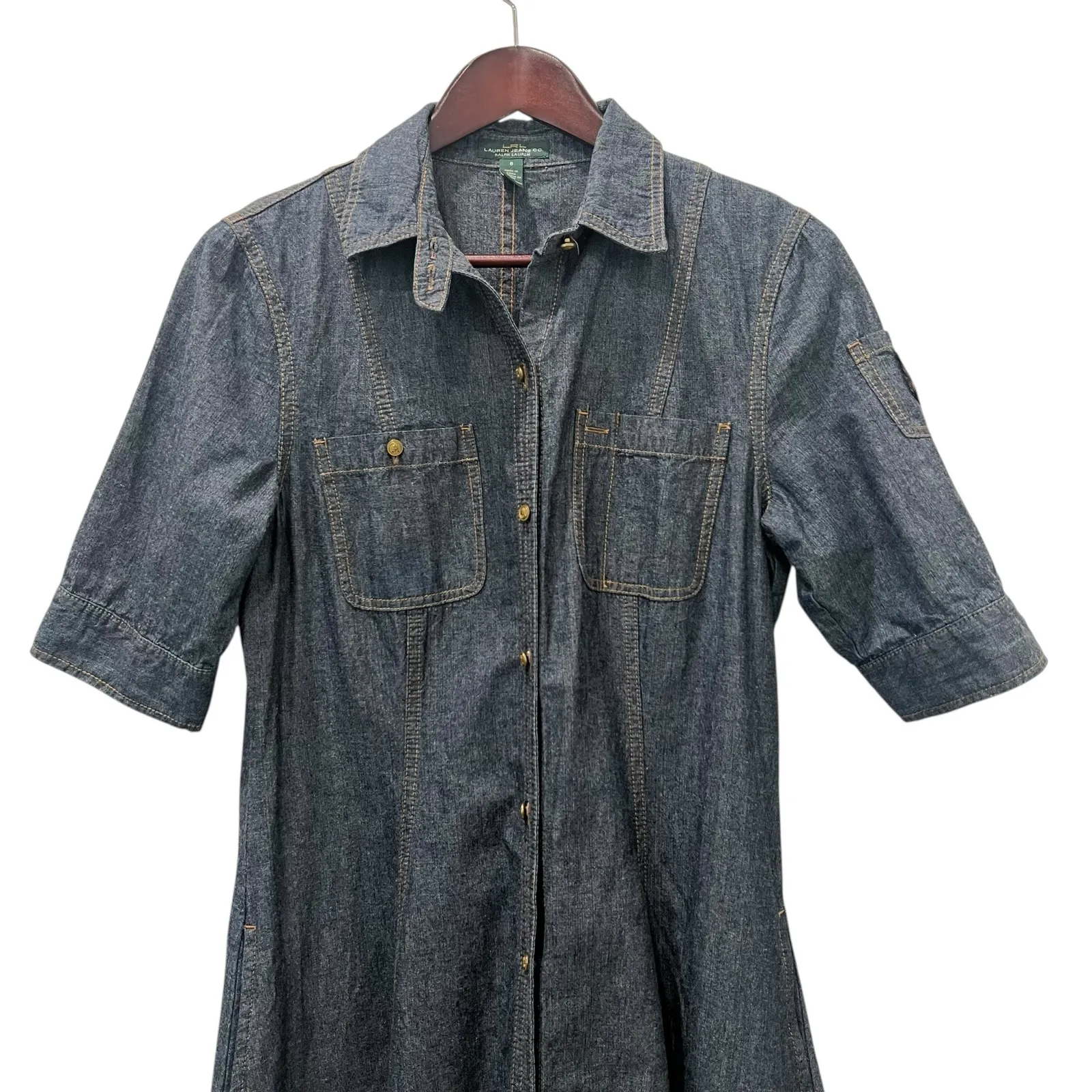 Ralph Lauren LRL Lauren Jeans Blue Denim Dress Military Size 8 Midi Short Sleeve - Image 2
