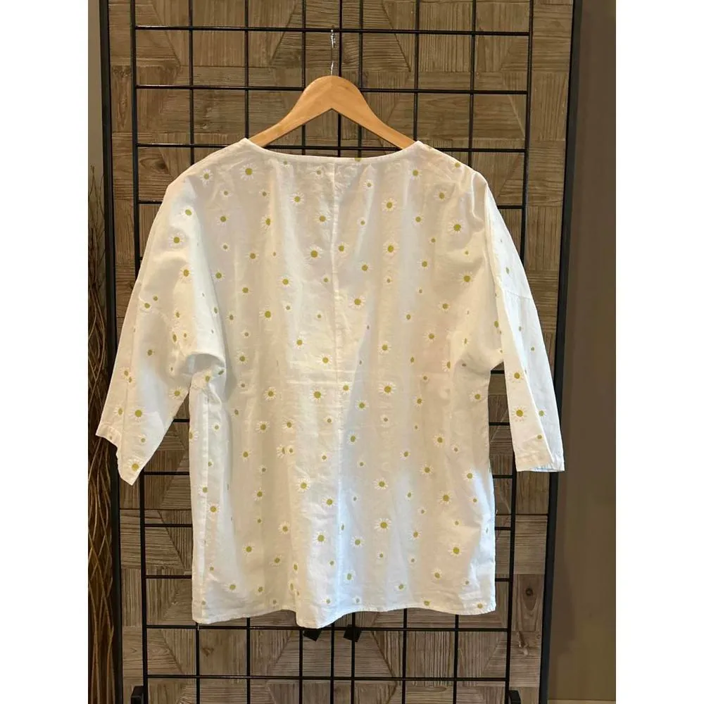 Womens Top Medium White Daisy's Babydoll 3/4 Sleeve Pullover Fairycore - Image 4