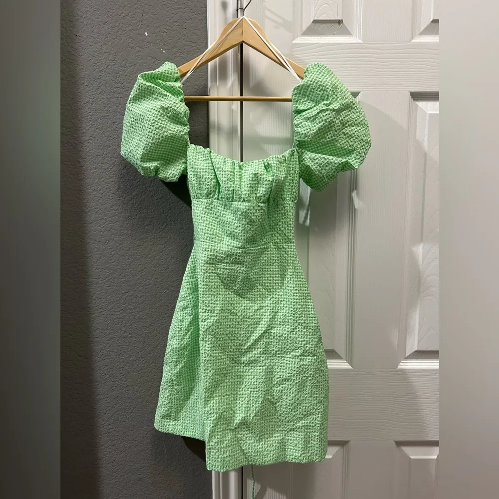Zara gingham green structured tie up mini dress size XS NWT - Image 3