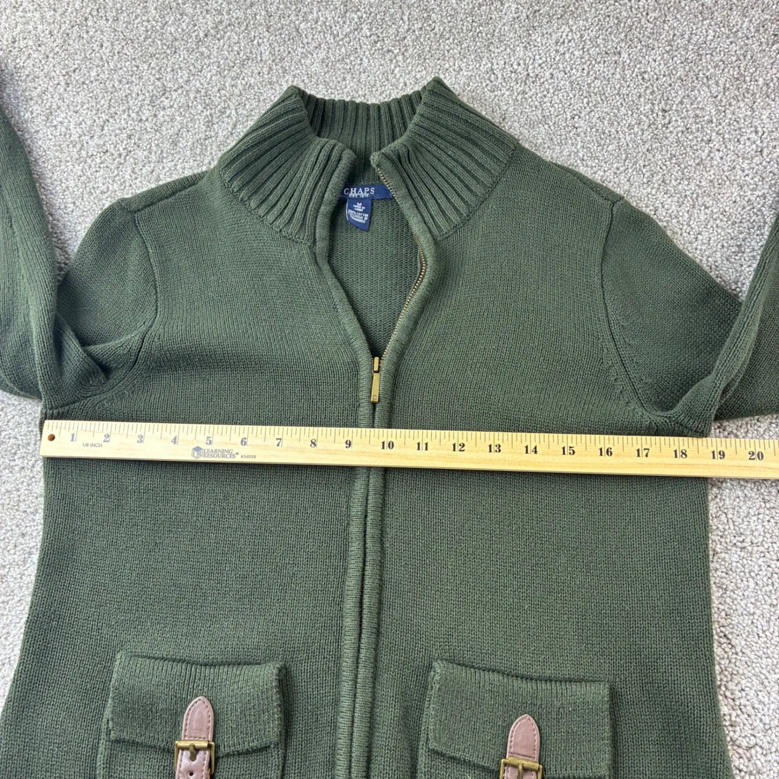 VTG Chaps Olive Green Full Zip Cotton Knit Sweater Cardigan‎ with Buckle Pockets - Image 5