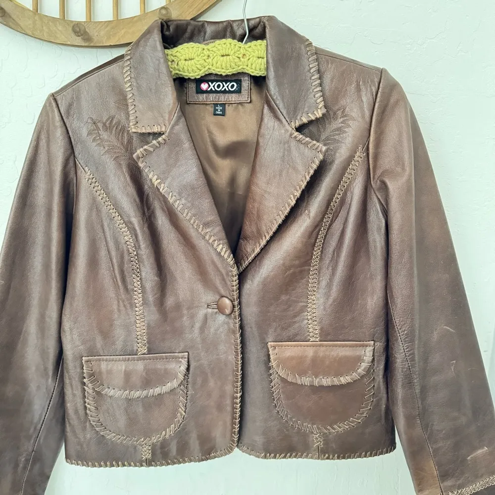 XOXO  Brown Genuine Leather Biker Motorcycle Jacket Cowgirl Western Gypsy L - Image 4