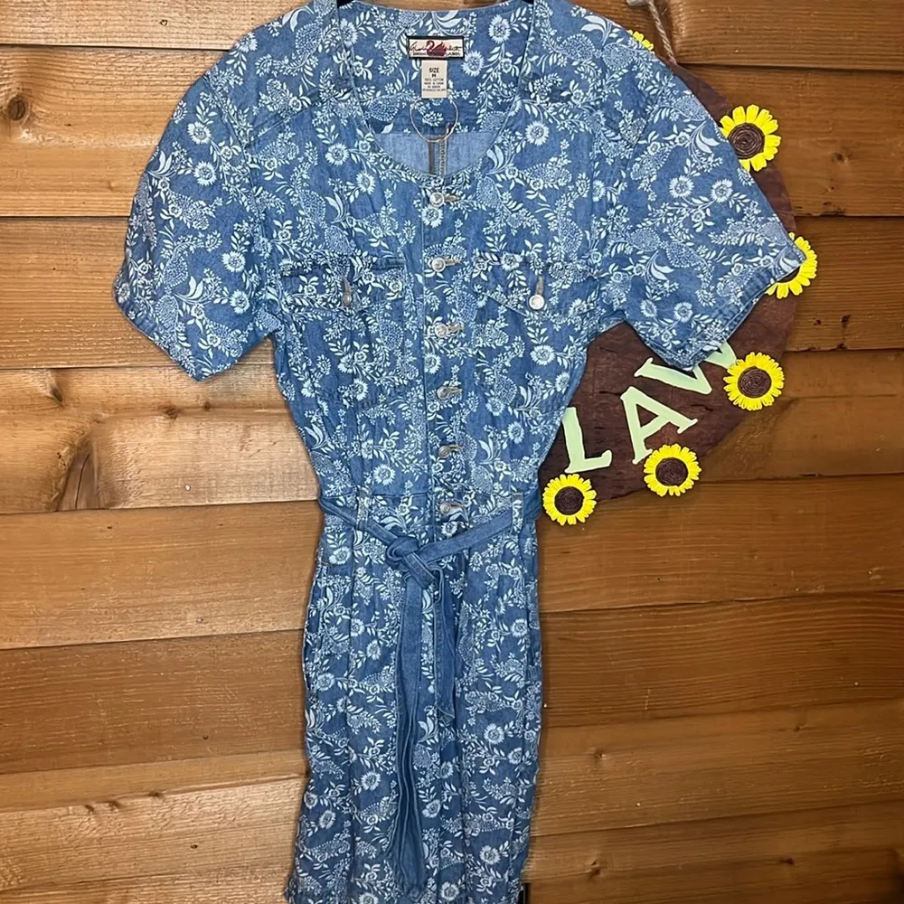 Vintage 90s Denim Romper Tie Button Floral Gloria Vanderbilt Pocket cotton Med - Image 2