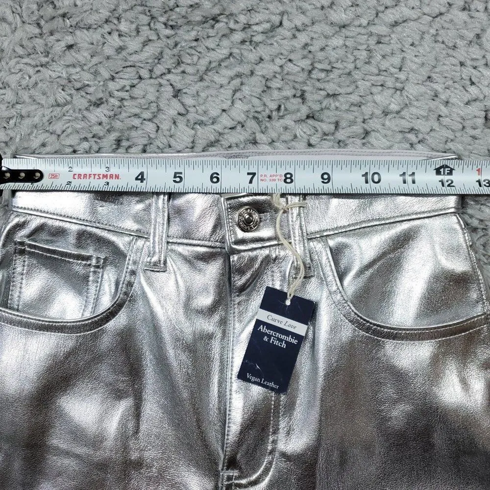 Abercrombie Curve Love 90's Straight Ultra High Rise Pants Vegan Leather Silver - Image 8
