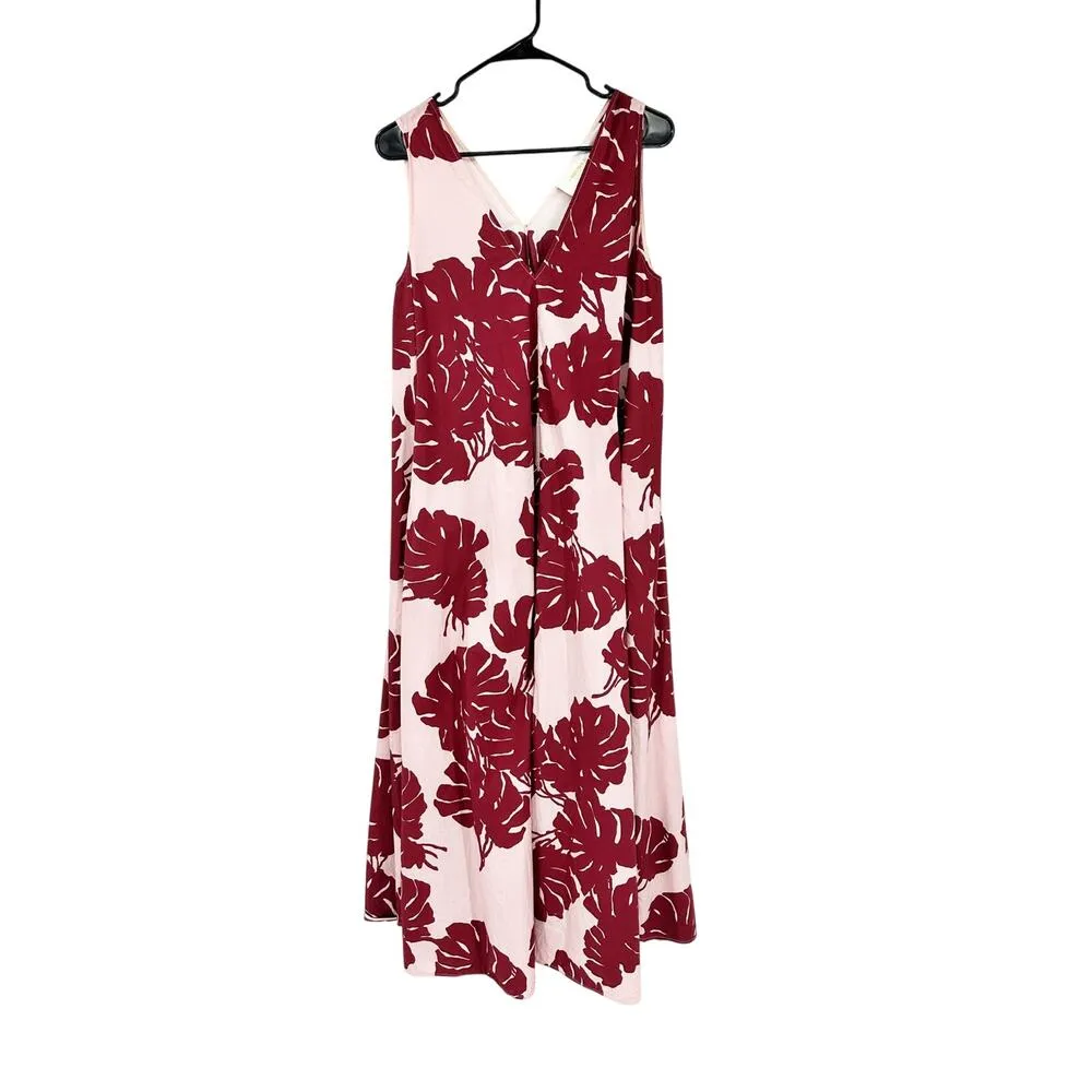 LaDouble J Selva Sleeveless Cotton Tent Dress Pink Red Monstera Tropical Leaf S - Image 2