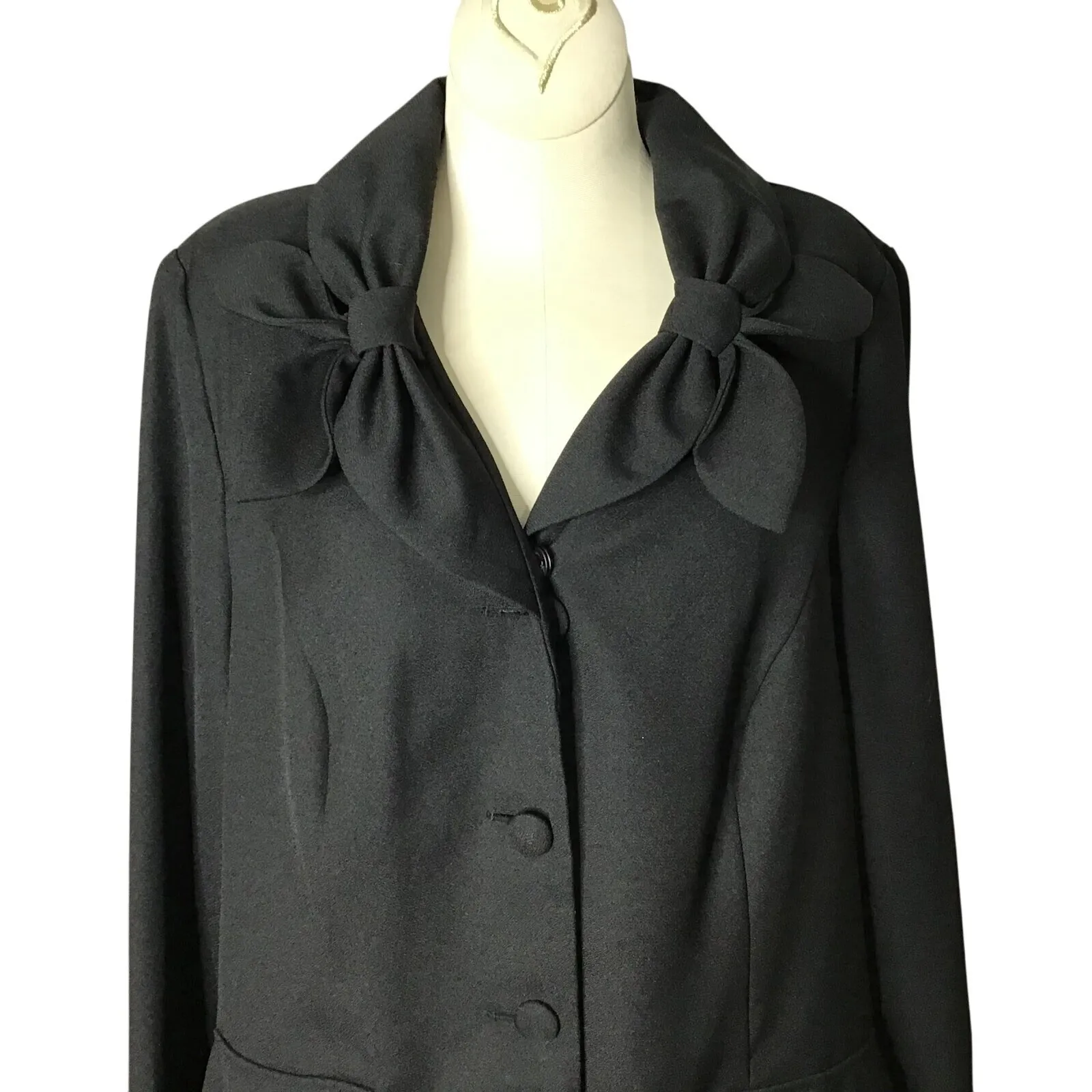 Vintage Black‎ Skirt Suit Set Bow Collar Jacket Career Business Formal Black Size 16W - Image 2