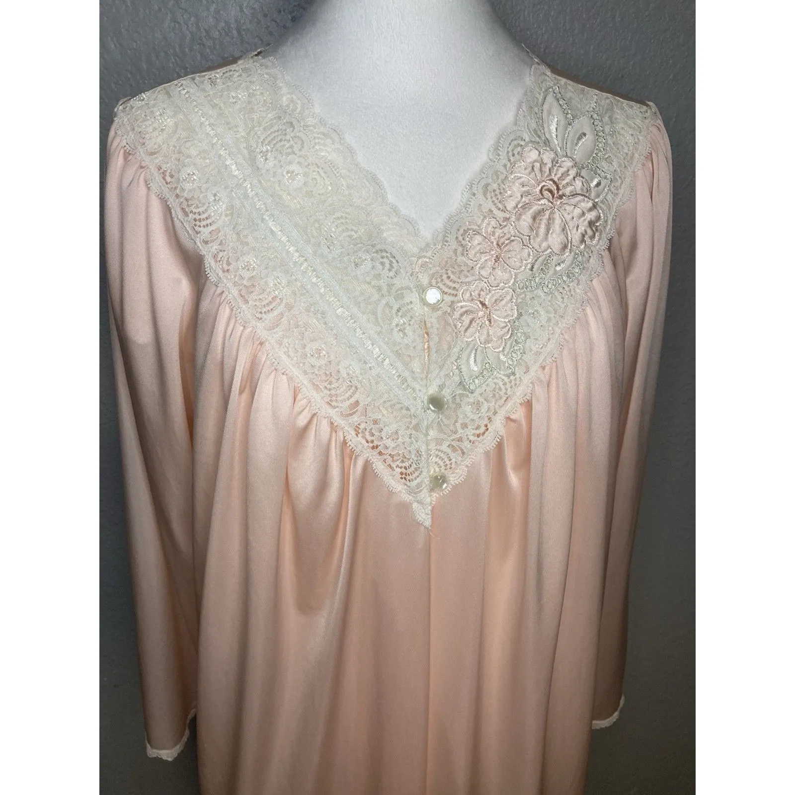 VTG Shadowline Peignoir Set M Pastel Pink Lace Robe Nightgown 70's Romantic Size M - Image 3
